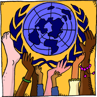Das Bild ist eine Comic-Illustration zum Text. Das Logo der Vereinten Nationen ist abgebildet. Es wird hochgehoben oder getragen von sieben Händen verschiedener Größen, Formen und Hautfarben und von einem Fuß.