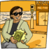 Comic-Illustration zum Text. Ein Mann mit dunklen Haaren und Sonnenbrille sitzt läch