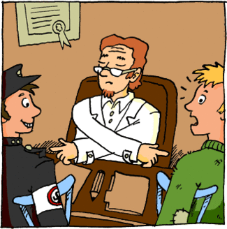 Comic-Illustration des Textes. Ein Arzt mit roten Haaren, Kinnbart, Brille und Kittel
