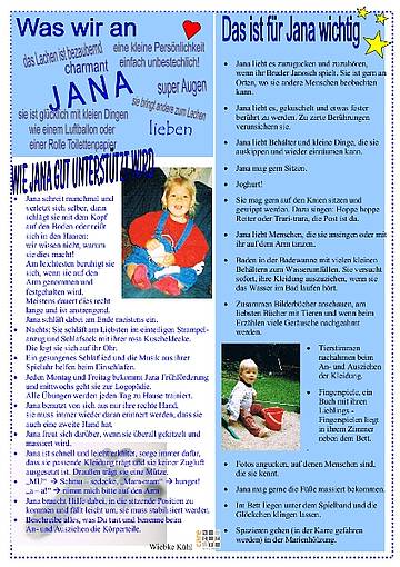 Ein Blatt mit zwei Fotos einen kleinen Kindes, oben links steht als Überschrift "Was wir an Jana lieben", weiter unten "Wie Jana gut unterstützt wird", oben rechts "Das ist für Jana wichtig". Alle drei Rubriken sind ausgefüllt.